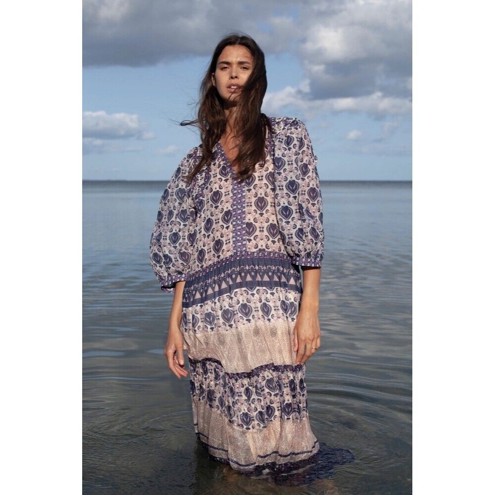 Sea New York Brigitte Maxi Dress Womens XS Purple Navy Border Print Boho